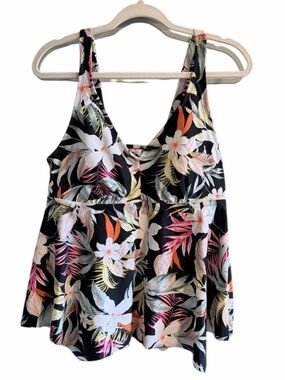 Kona Sol NWT Black Floral Tankini Swim Top with Tropical Print Size 1X (17-18)